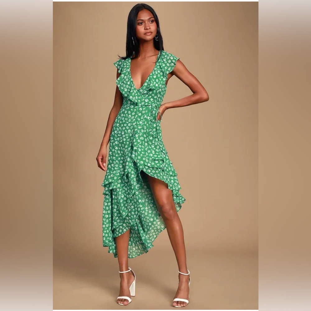Lulus Green Floral Ruffled Wrap Midi Dress